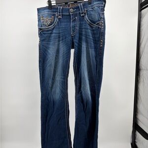 Mens Rock Revival Jean NERO Slim Boot Size 34x32 Blue Wash White Stitch